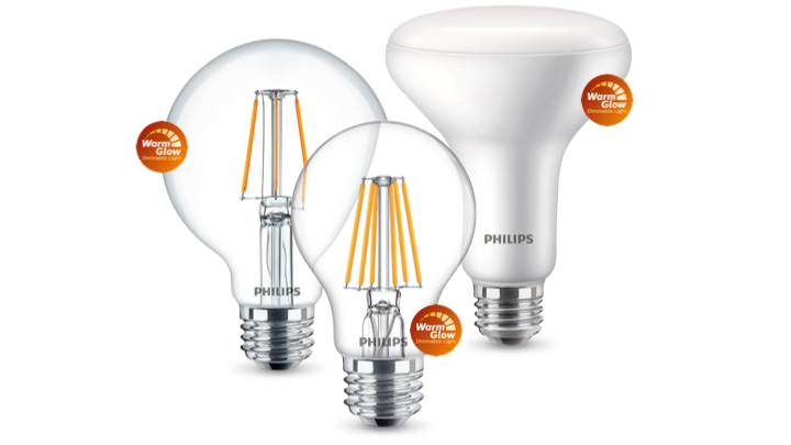 Philips WarmGlow LED pære produkt familie med WarmGlow mærker